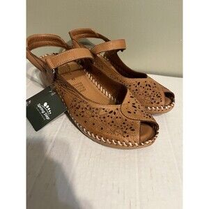 Spring Step Santonio Wedge Sandal Leatherpeep Toe Brown Comfort 41/10 New